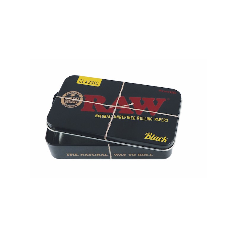 raw black tin box to keep rolling appers, lighters, filters etc