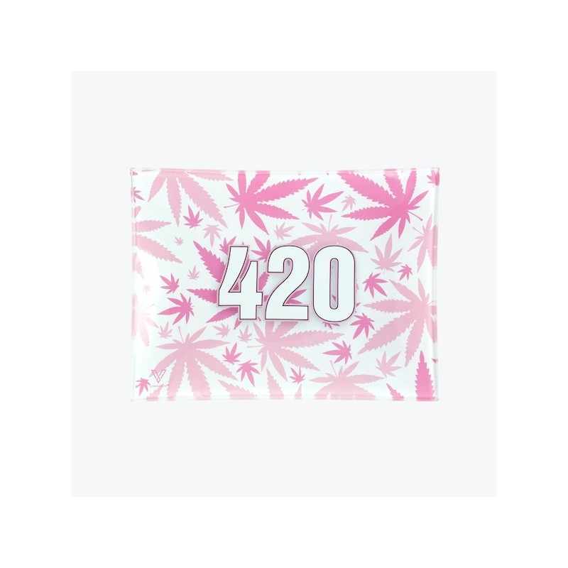 V-Syndiacte glass rolling tray with 420 pink design