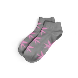 pink and grey socks with cannabis leaf design