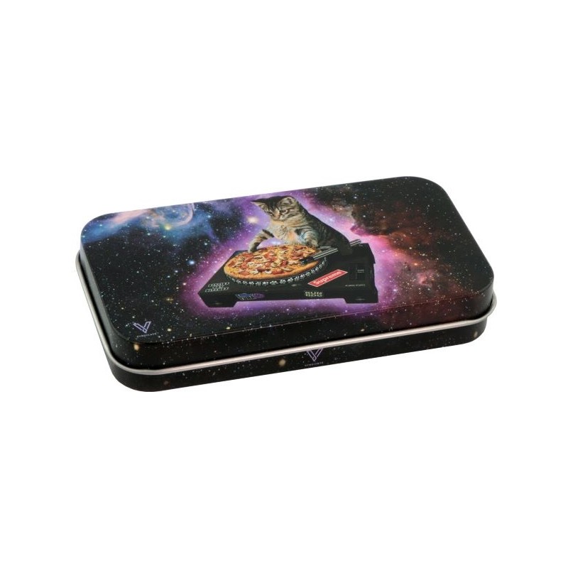 v-syndicate metal tin box with DJ cat design. Perfect for storing smoking accessories