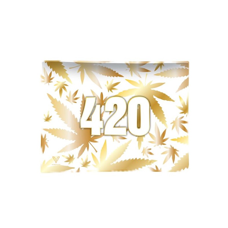 V-Syndicate glass rolling tray with 420 gold design. Gift box included