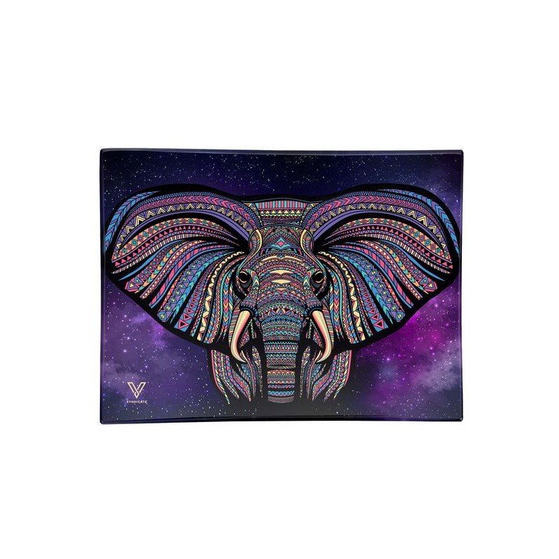 v-syndicate glass rolling tray with elephant design. Sold exclusively in wholesale to shops
