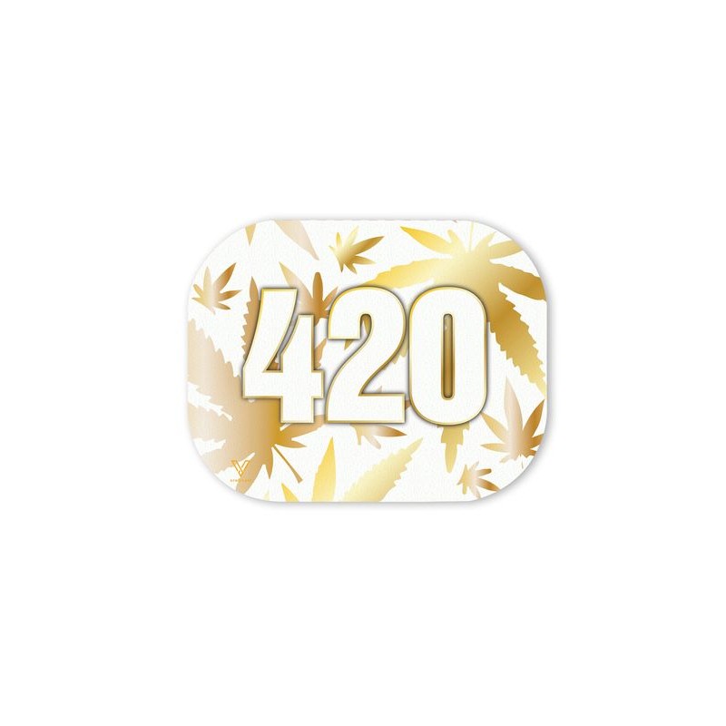 Magnetic rolling tray cover with gold 420 cannabis design. Made by V-Syndicate