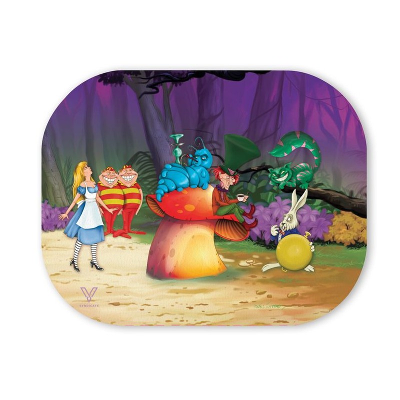 V-syndicate magnetic rolling tray cover with Alice in Wonderland design.