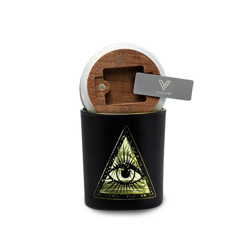 V-Syndicate SmartStash illuminati yellow medium. Stash jar with grinder card and humidifier