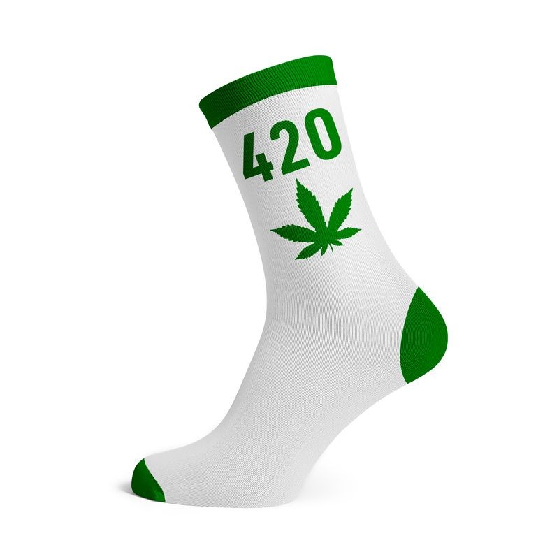 cannabis 420 socks wholesale. Green and white colour with cannabis leaf. Wholesale pack of 12 pairs