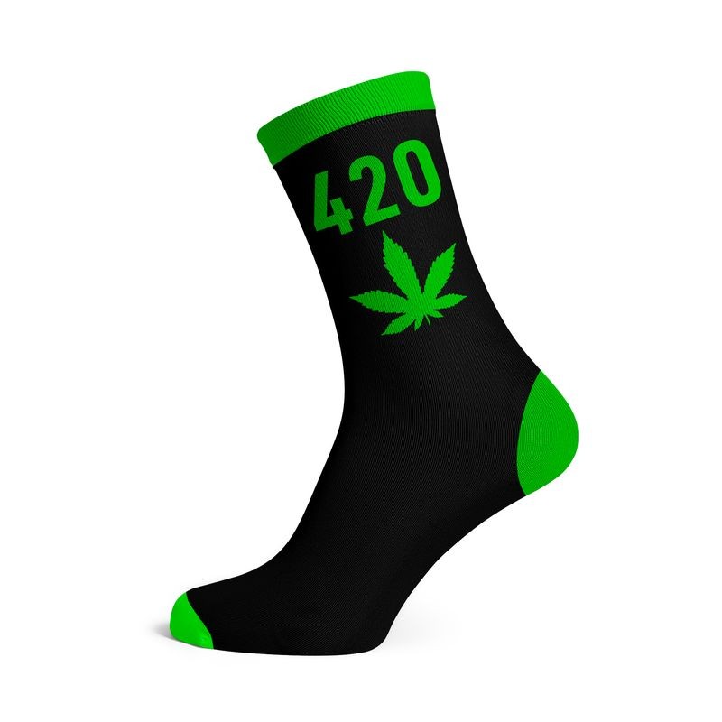 wholesale 420 cannabis socks. Black and green colour in a pack of 12 pairs sold seperately