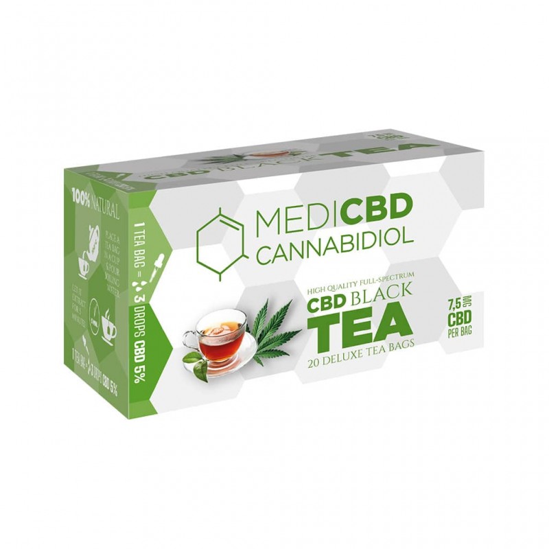 MEdiCBD black tea with hemp extract. Box with 20 teabags for wholesale to hemp shops