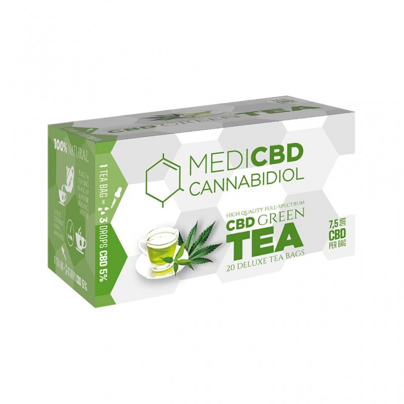 Medi CBD green tea with hemp extracts. 20 teabags in a box for wholesale