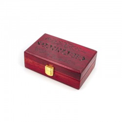 Wooden spliff rolling box with Cannabis design engraved on the lid. Red finish