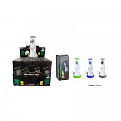 Présentoir de 12 bongs de différentes couleurs avec imprimé feuilles de cannabis - vente en gros